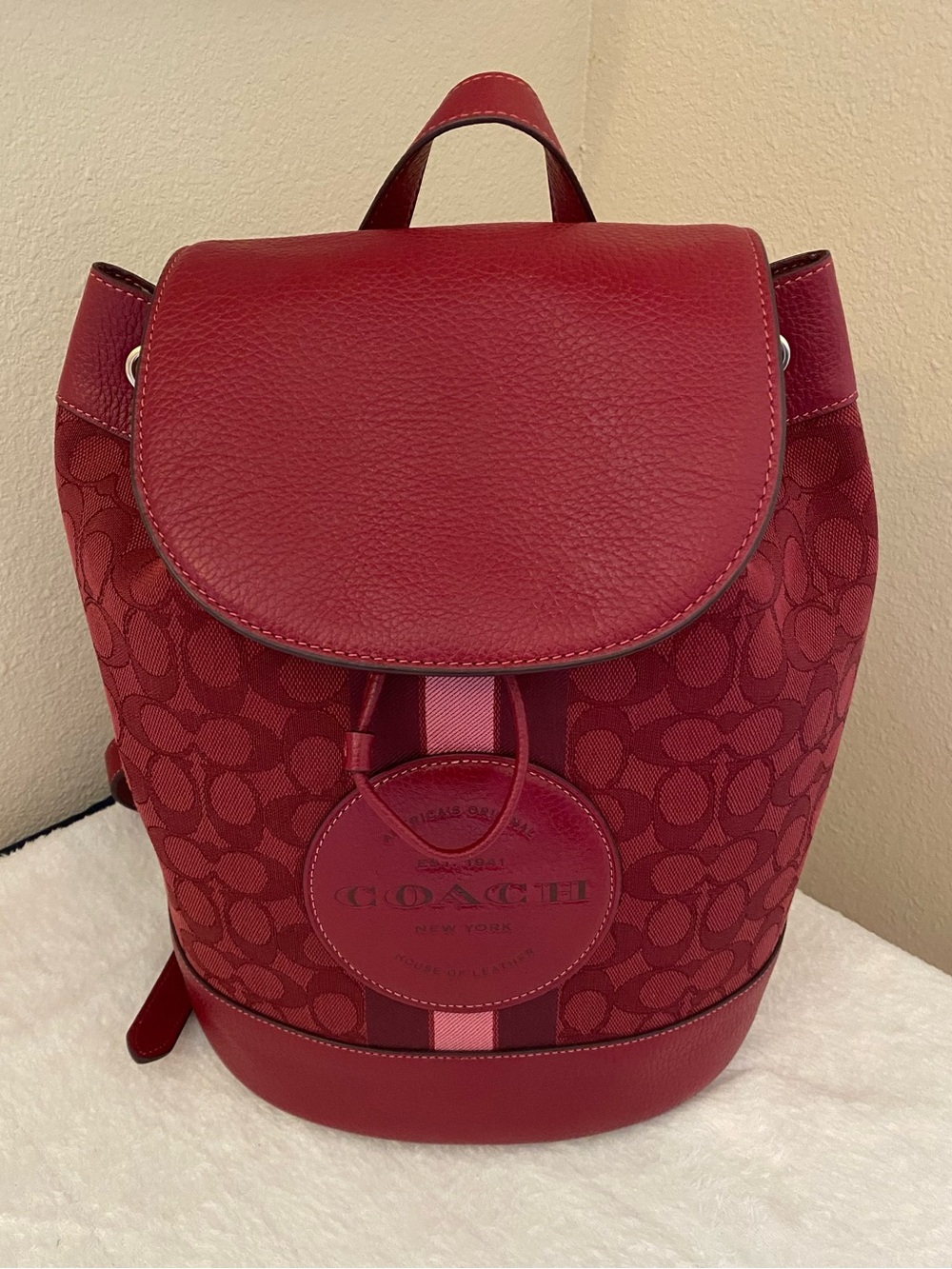 Coach Signature Red Dempsey Drawstring Backpack with Stripe and Patch